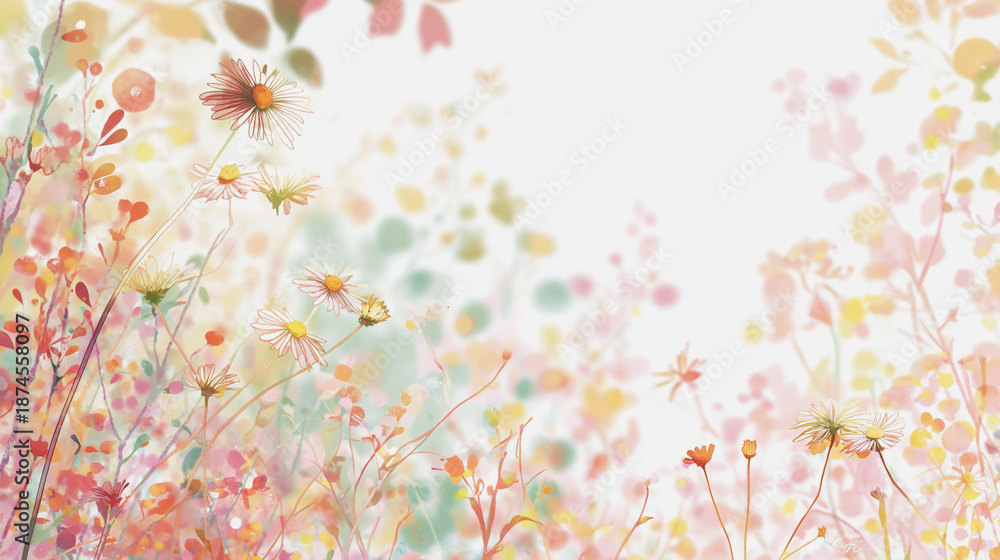 Fototapeta premium watercolor pictures Natural little a Daisy flower field in a lifestyle style expressing wonder with pastel floral shades and golden lighting harmony