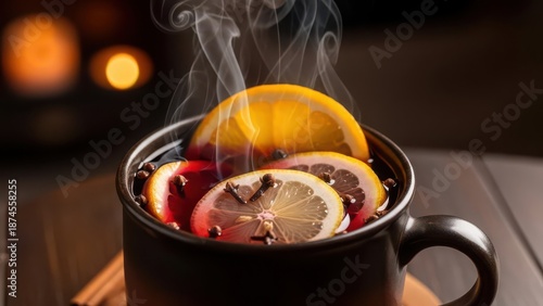 Steaming mug of citrus spiced drink