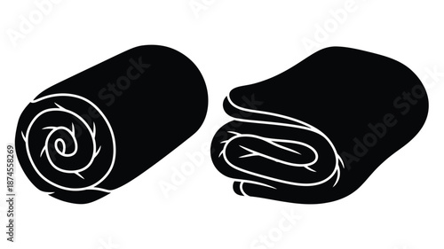 Two rolled carpets in black minimalist design on transparent background silhouette