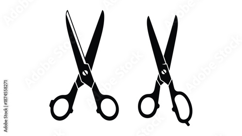 Two pairs of open scissors in black silhouette on transparent background