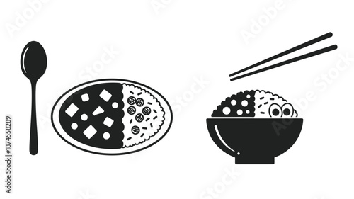 Asian cuisine with rice noodles and bowls on transparent background silhouette