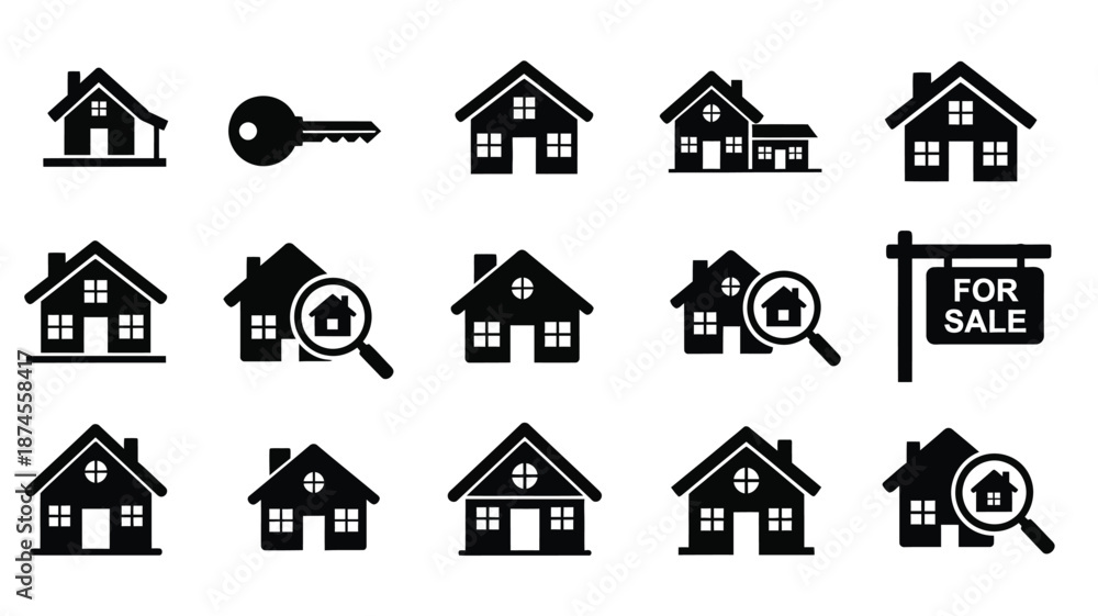 Fototapeta premium Real estate icons including houses key and for sale sign silhouette on transparent background