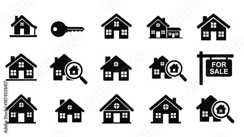Real estate icons including houses key and for sale sign silhouette on transparent background