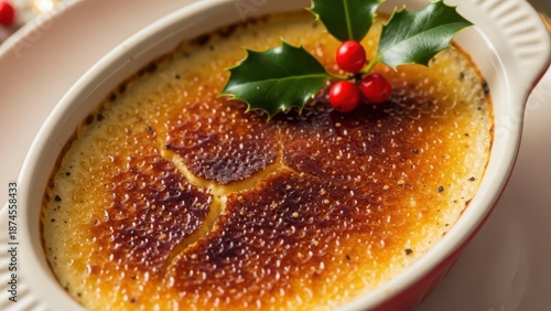 Caramelized creme brulee with holly garnish