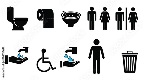 Bathroom icons featuring toilet sink people and accessibility on transparent background silhouette