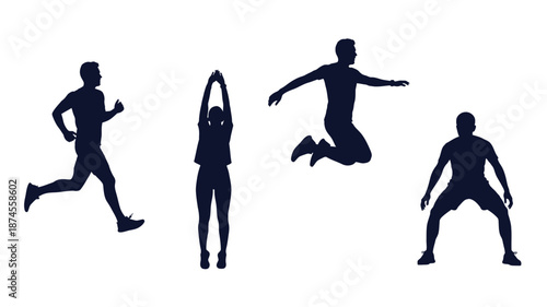 Diverse human figures in dynamic poses a fitness illustration on transparent background silhouette