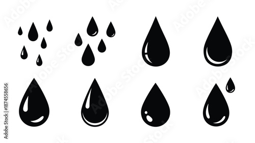 Collection of black water droplets in various shapes on transparent background silhouette