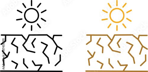 Dry cracked ground under hot sun representing drought global warming and desert climate effects Vector Silhouette, Pictogram and Line Icon Set.eps