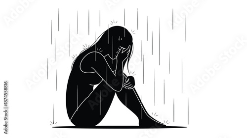 Sad woman kneeling in the rain a poignant silhouette on transparent background