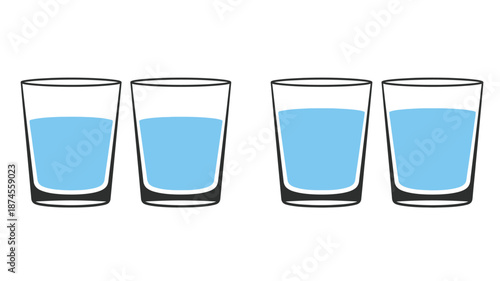Four glasses of water with varying fill levels on transparent background silhouette