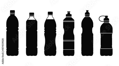 Collection of various water bottle shapes in black silhouette on transparent background