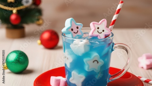 Whimsical blue holiday drink with marshmallow toppings