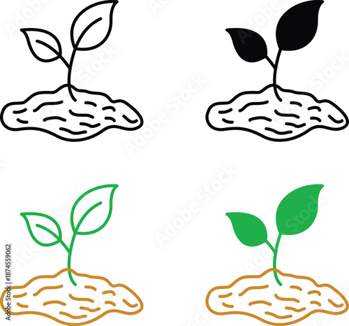 Organic seedling growth sprouts in fertile soil for agriculture gardening and nature sustainability symbol icon set Vector Silhouette, Pictogram and Line Icon Set.eps