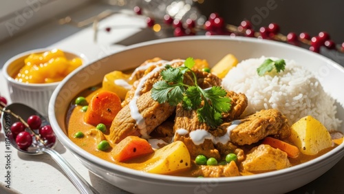 Delicious chicken curry with rice and mango chutney