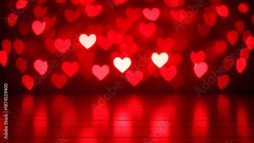 Blurry red heart background with bokeh effect and reflections on surface