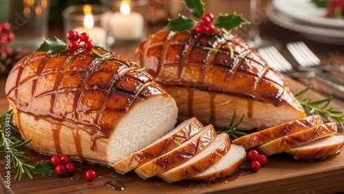 Garnished roasted turkey on wooden board