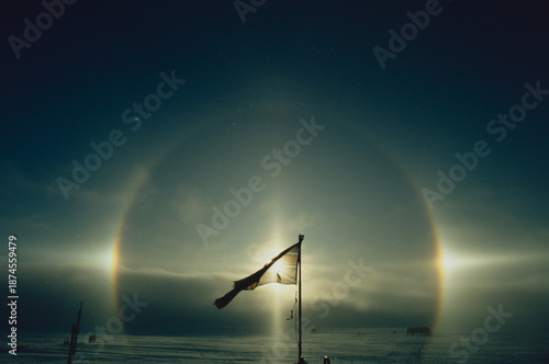 Photography A spectacular solar halo with sun dogs in diamond dust on the Brunt Ice Shelf in the midnight sun of the Antarctic summer