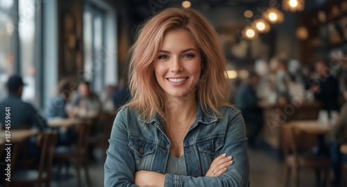 Wallpaper Mural confident millennial woman with rosy hair smiling at camera in a cafe interior. Torontodigital.ca