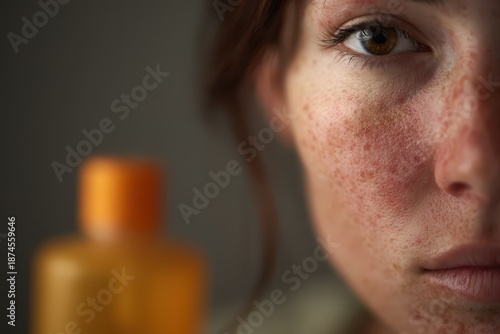 Macro view of pores and blemishes on an acne-prone complexion highlighting realism