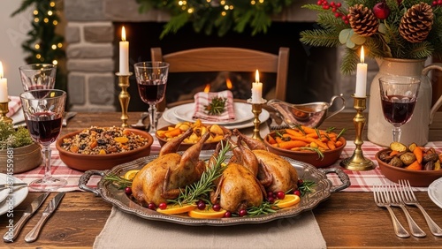 Cozy christmas dinner by the fireplace