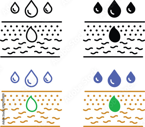 Water Absorption Earthworm Activity and Growing Plants in Fertile Soil Ground for Agriculture and Nature Concept Vector Silhouette, Pictogram and Line Icon Set.eps