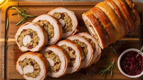 Sliced stuffed turkey breast with cranberry sauce