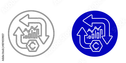 Cryptocurrency Exchange Icon  with Trading Charts, Bitcoin Token and Transaction Arrows