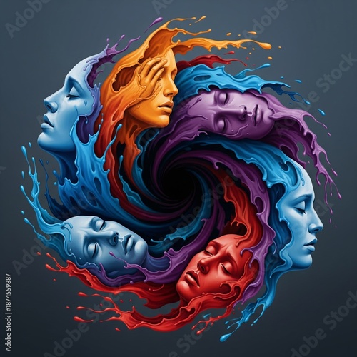 Surreal psychological concept with rotating human faces formed from vibrant paint flow, symbolizing anxiety, introspection, and inner conflict.