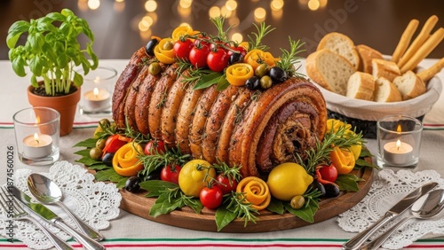 Elegant roasted pork loin with fresh herbs and fruits