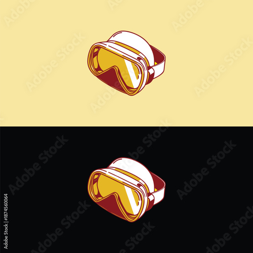 Two stylized diving masks, one on a yellow background, the other on a black background, offering a dual visual.