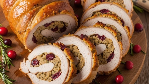 Stuffed turkey roll with cranberries and herbs