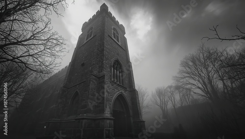 Black and white photograph of a Gothic-style medieval stone church with a crenellated tower and arched windows