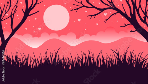 Romantic pink fantasy landscape with glowing moon, floating heart shapes, soft clouds, rolling hills, and tree and grass silhouettes ideal for Valentine’s Day backgrounds, love themed designs.