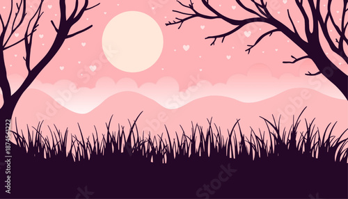 Pink moonlit night landscape with glowing full moon over soft mountains silhouetted trees grass and dreamy sky.