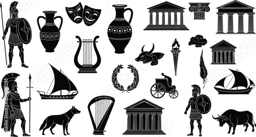 Ancient Greek Culture Silhouette Vector Set With Warrior Temple Vase Lyre Ship Mask Mythology History Illustration