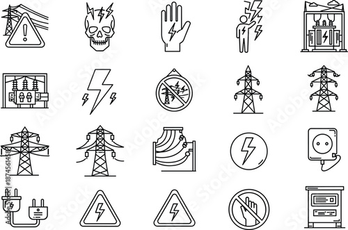 Electricity and high voltage safety icons vector set with power lines transformers lightning warning symbols for electrical engineering design use