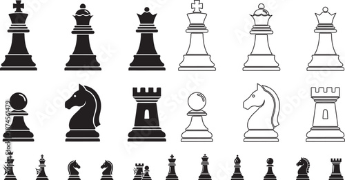 Chess vector icon set. black silhouette chess figures. king, queen, pawn, knight and rook.eps