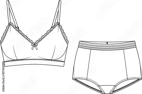 Elegant women lingerie set line art illustration featuring bra and panties, minimal fashion outline design for apparel template, sewing pattern, vector use