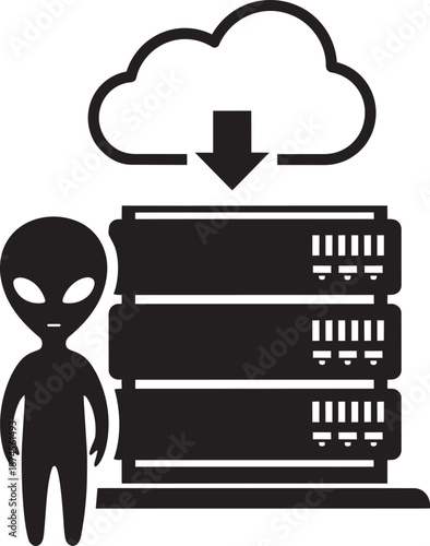 Extraterrestrial server data management illustration with cloud computing and grey alien figure