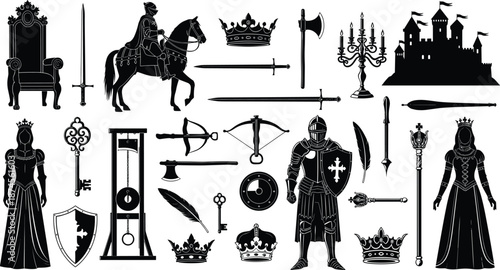 Medieval Royal Silhouette Vector Set With Knight Castle Crown Sword Throne Weapons Fantasy History Illustration Collection