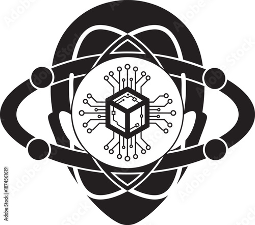 Artificial intelligence brain neural network icon with isometric circuit cube and head silhouette