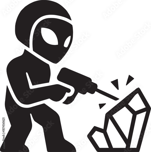 Astronaut alien miner drilling hard mineral rock with futuristic power tool illustration