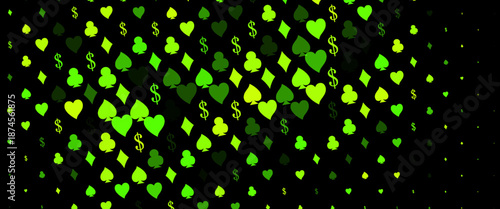 Dark Green vector pattern with symbol of cards. Shining illustration with hearts, spades, clubs, diamonds. Pattern for ads of parties, events in Vegas.