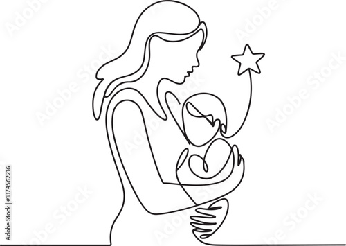 Minimalist continuous line art illustration of a loving mother holding her baby, symbolizing the beautiful bond of motherhood and new beginnings