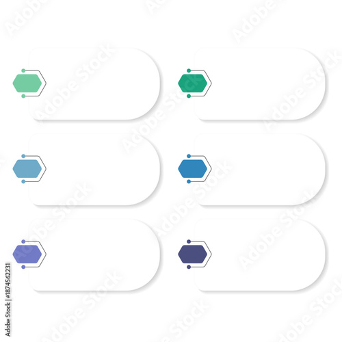 Business Infographic Design Template with 6 Options, Hexagon Icon Elements and Colorful Rounded Text Boxes for Workflow and Presentation. Vector illustration.	