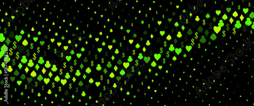 Dark Green vector pattern with symbol of cards. Shining illustration with hearts, spades, clubs, diamonds. Pattern for ads of parties, events in Vegas.