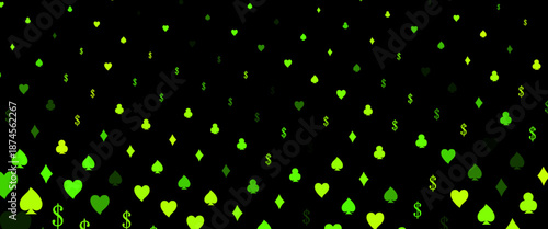 Dark Green vector pattern with symbol of cards. Shining illustration with hearts, spades, clubs, diamonds. Pattern for ads of parties, events in Vegas.