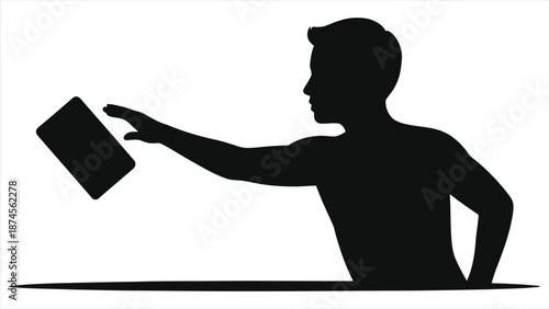Silhouette Male User Touching AI Hologram Interface, Futuristic Virtual Interactive Touch Screen Vector Illustration. Artificial Intelligence Digital Control Panel, Isolated Minimal Tech Design 