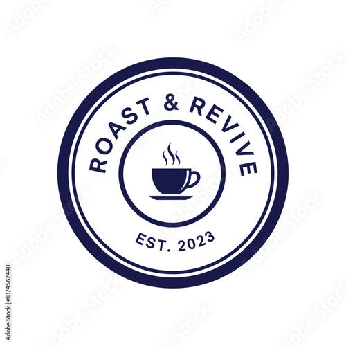 A circular logo brand featuring a coffee cup with the text Roast & Revive EST 2023 in a minimalist design