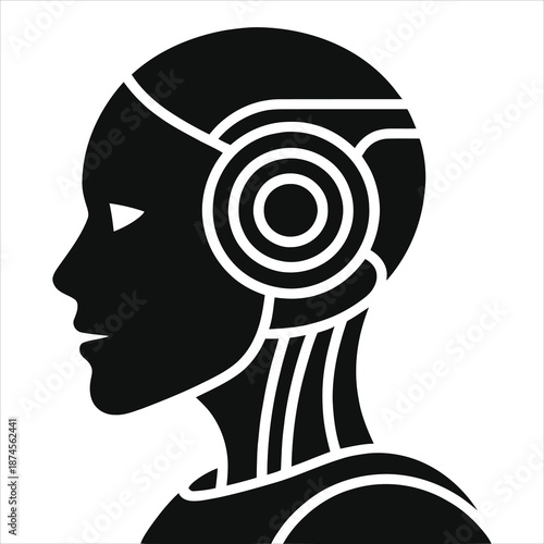 Robot head profile vector silhouette. Futuristic Artificial Intelligence cyborg icon. Black and white android side view. Minimalist technology symbol for sci-fi, machine learning, and digital brain 